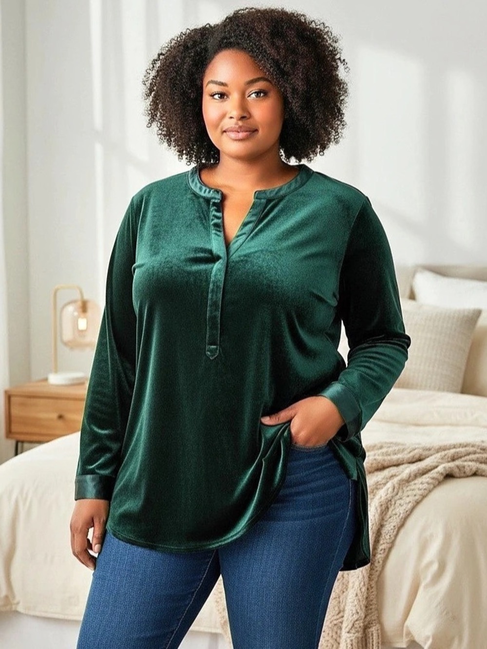 Cato Emerald Green Velvet Tunic Top Velvet Button Front Blouse in Green Size 22/